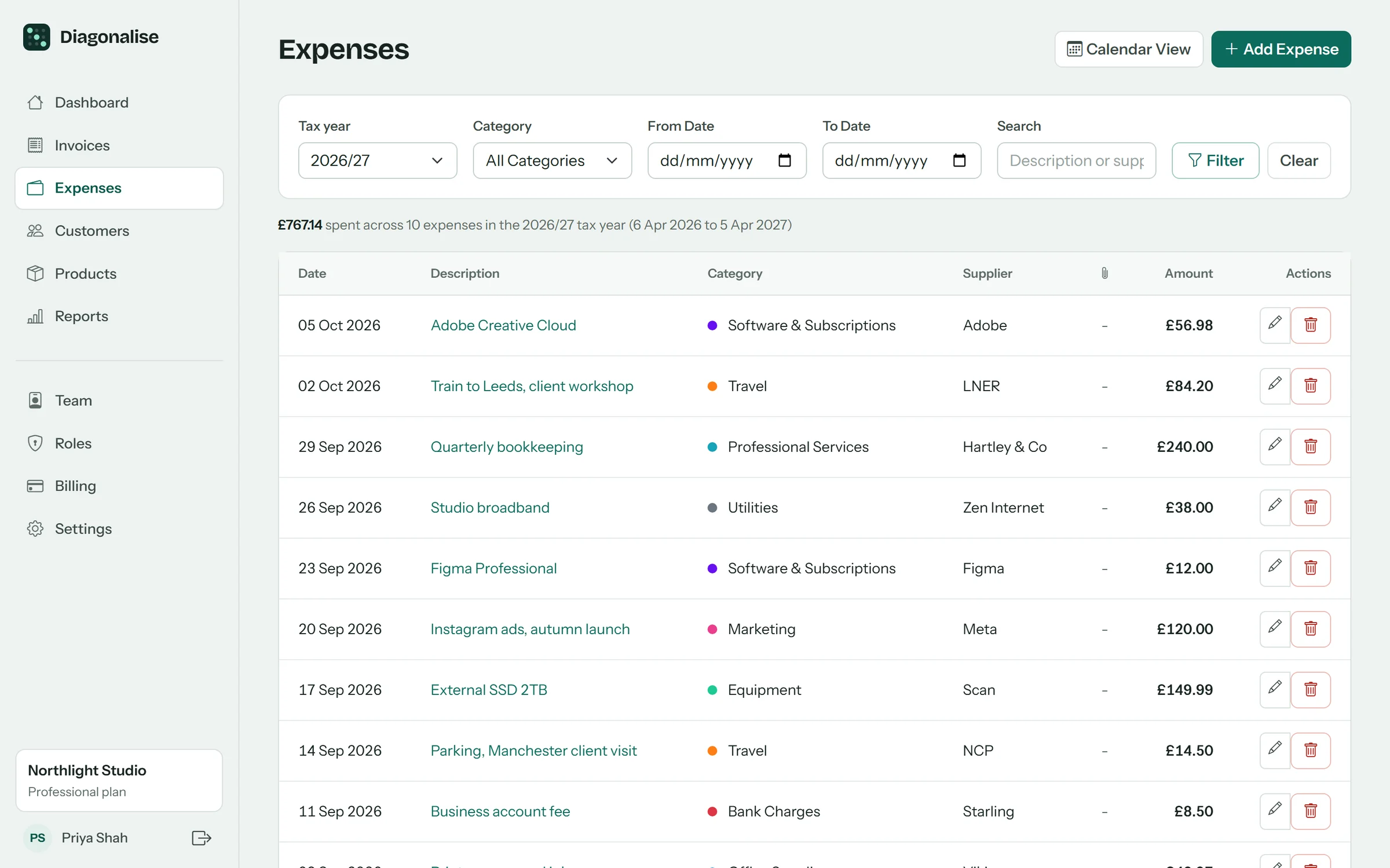 Expense list for the 2026/27 tax year showing £767.14 spent across 10 expenses, each with a category and supplier