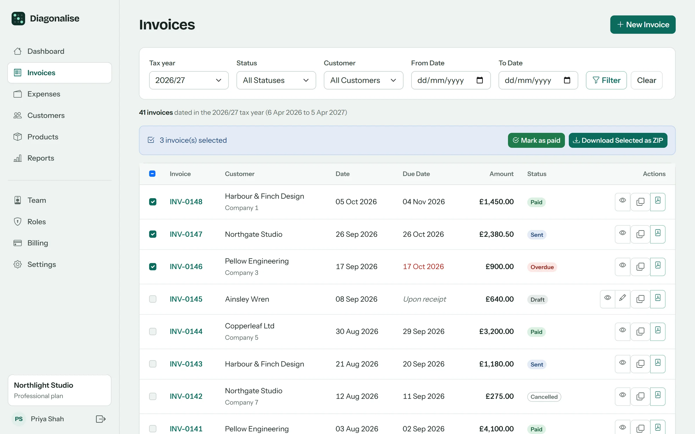 Invoice list filtered to the 2026/27 tax year, with three invoices selected and a Mark as paid button